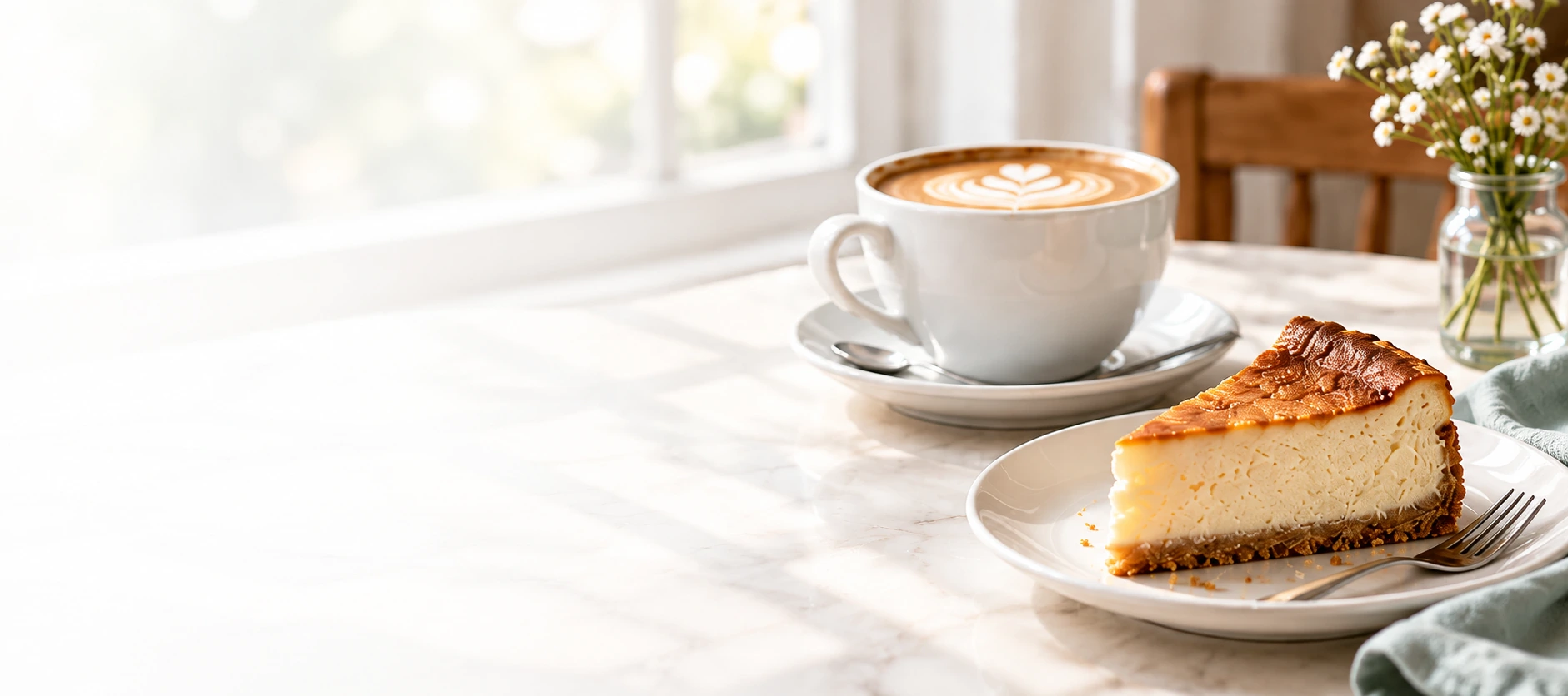 Cappuccino und ein Stück Käsekuchen auf einem hellen Tisch